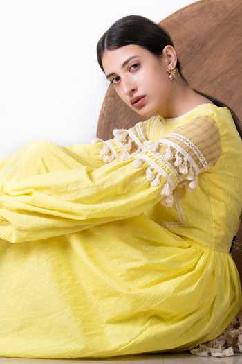 Buy_Kalakaari By Sagarika_Yellow Cotton Round Puff Sleeve Dress _Online_at_Aza_Fashions