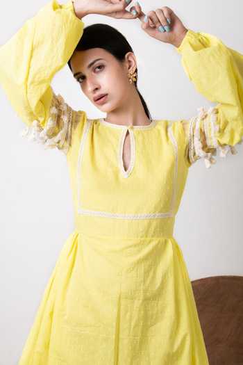 Shop_Kalakaari By Sagarika_Yellow Cotton Round Puff Sleeve Dress _Online_at_Aza_Fashions