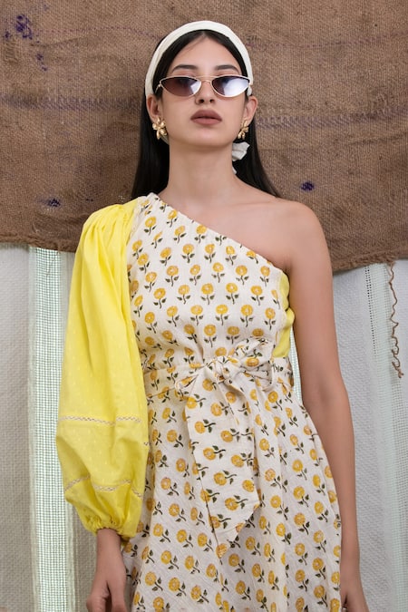 Buy_Kalakaari By Sagarika_White Cotton Embroidery Floral Print Dress_Online_at_Aza_Fashions