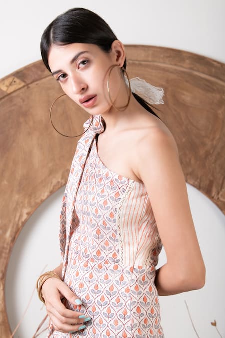 Shop_Kalakaari By Sagarika_White Cotton Floral Hand Blocks One Shoulder Print Tie-up Jumpsuit_Online_at_Aza_Fashions