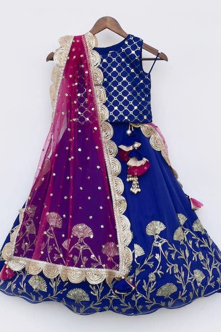 Fayon Kids_Blue Silk, Net Embroidery Floral Lehenga Set _Online_at_Aza_Fashions