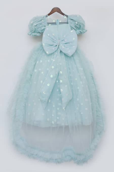 Fayon Kids_Blue Net Embroidery Star Embellished Ball Gown _at_Aza_Fashions