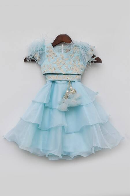 Fayon Kids_Blue Organza Feathers, Embroidery Ruffle Layered Lehenga Set _Online_at_Aza_Fashions