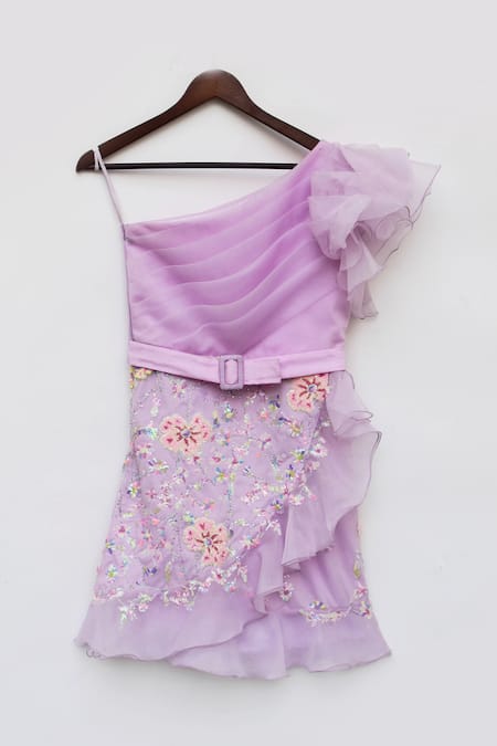 Fayon Kids_Purple Organza Embroidery One Shoulder Dress _Online_at_Aza_Fashions