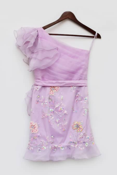 Buy_Fayon Kids_Purple Organza Embroidery One Shoulder Dress _Online_at_Aza_Fashions