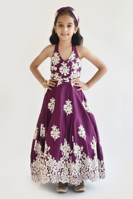 Fayon Kids_Purple Cotton Embroidery Floral Gown _Online_at_Aza_Fashions