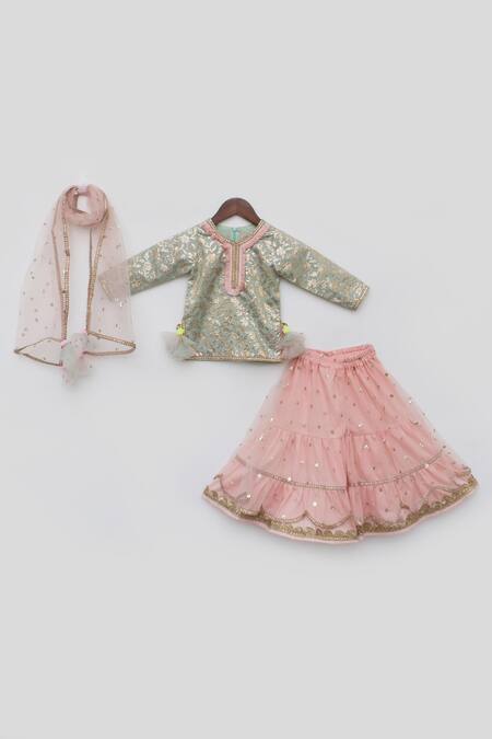 Fayon Kids_Blue Chanderi, Net Embroidery, Sequins Kurta Lehenga Set _Online_at_Aza_Fashions