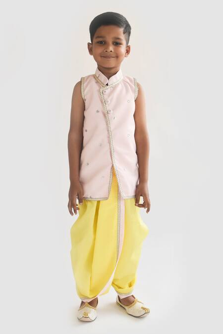 Fayon Kids_Yellow Silk Embroidery Kurta And Dhoti Pant Set _Online_at_Aza_Fashions