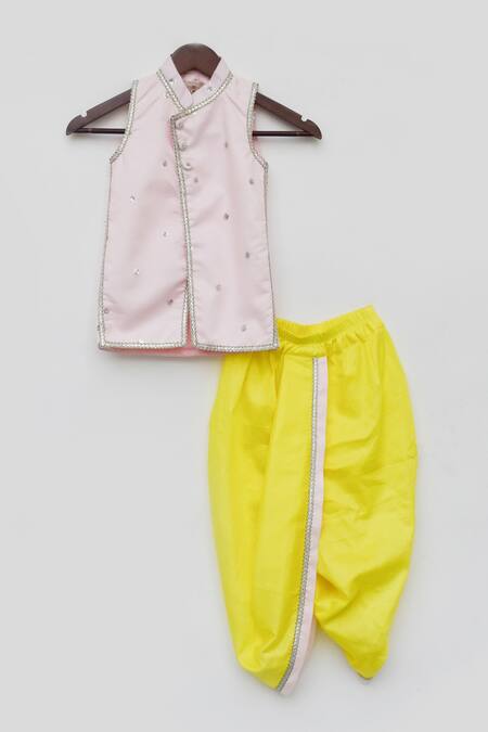 Fayon Kids_Yellow Silk Embroidery Kurta And Dhoti Pant Set _at_Aza_Fashions