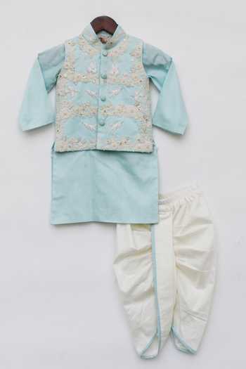 Fayon Kids_Blue Cotton, Silk Embroidery Floral Motif Bundi And Kurta Set _Online_at_Aza_Fashions