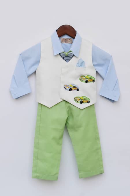 Fayon Kids_Blue , Satin Embroidery Waist Coat And Pant Set _Online_at_Aza_Fashions
