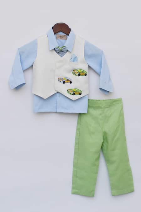 Buy_Fayon Kids_Blue , Satin Embroidery Waist Coat And Pant Set _Online_at_Aza_Fashions
