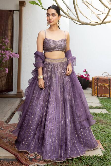 Jade By Monica & Karishma Purple Organza And Tulle Thread & Sequin V Neck Valini Embroidered Lehenga Set Online at Aza Fashions Jade By Monica & Karishma_Purple Organza And Tulle Thread & Sequin V Neck Valini Embroidered Lehenga Set _Online_at_Aza_Fashions