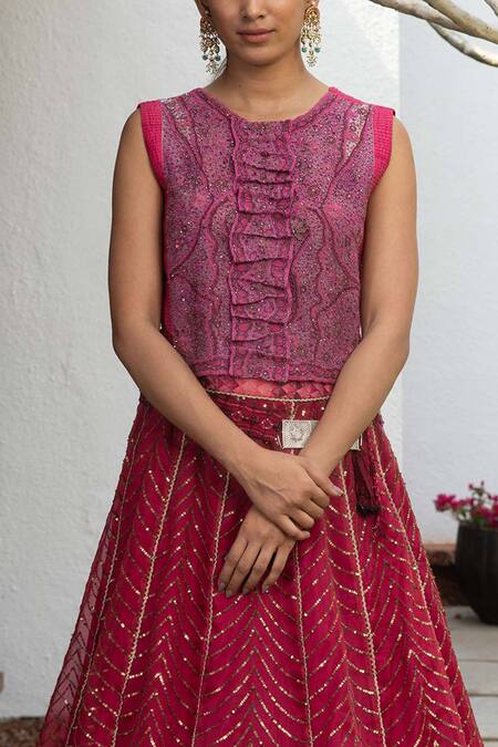 Jade By Monica & Karishma_Red Organza Thread, Bugle Beads And Sequin Round Hiya Embroidered Skirt & Top Set _Online_at_Aza_Fashions