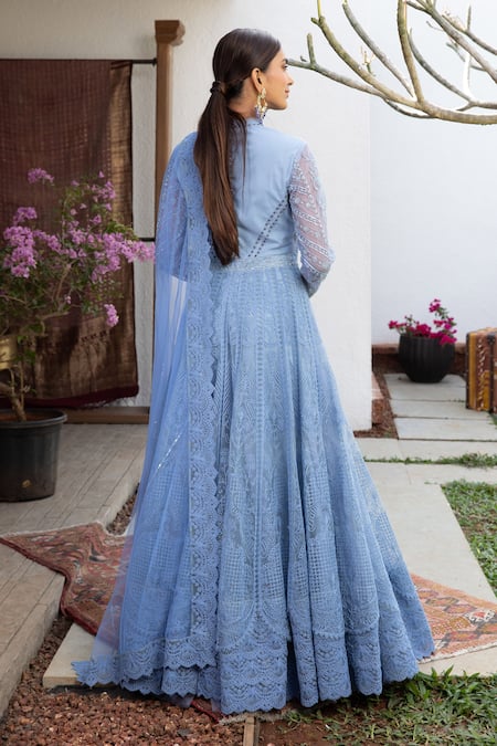 Shop_Jade By Monica & Karishma_Blue Tulle Thread, Sequin And Bugle Beads Kalaka Embroidered Gown With Dupatta _at_Aza_Fashions