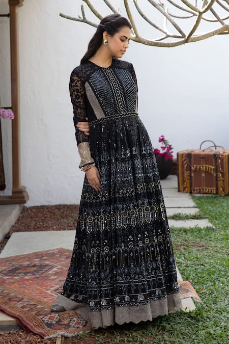 Buy Black Thread Work Soft Net Festival Wear Gown from Ethnic Plus