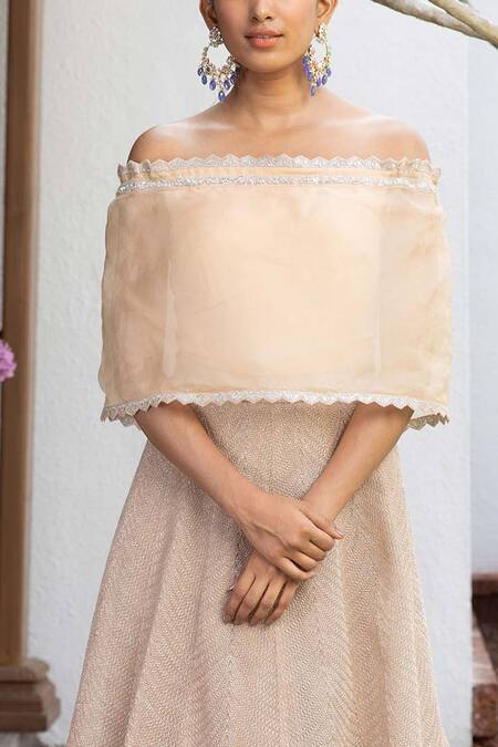 Jade By Monica & Karishma_Beige Tulle And Organza Thread & Sequin One Shoulder Fawn Off Gown _Online_at_Aza_Fashions