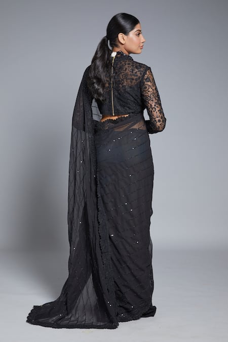 Shop_Jade By Monica & Karishma_Black Georgette And Tulle Thread & Sequin Kalpini Embroidered Saree With Blouse _at_Aza_Fashions