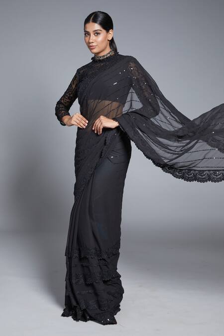 Jade By Monica & Karishma_Black Georgette And Tulle Thread & Sequin Kalpini Embroidered Saree With Blouse _Online_at_Aza_Fashions
