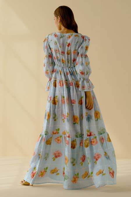 Shop Pozruh By Aiman Blue Hemp Floral Square Neck Print Tiered Maxi Dress at Aza Fashions Shop_Pozruh By Aiman_Blue Hemp Floral Square Neck Print Tiered Maxi Dress _at_Aza_Fashions