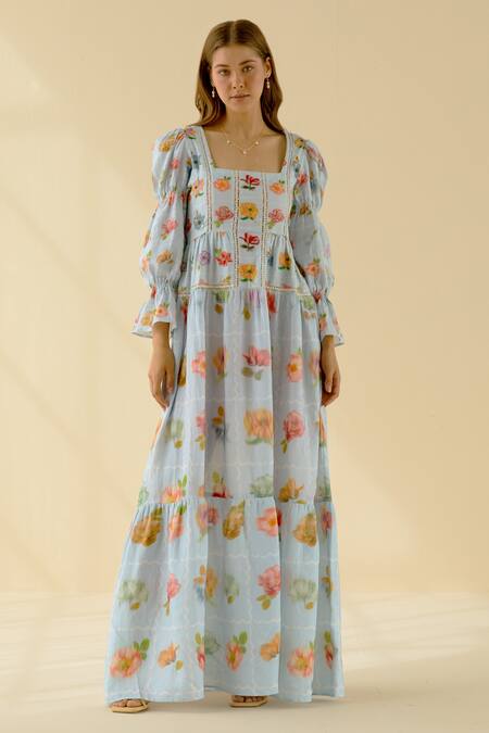 Pozruh By Aiman Blue Hemp Floral Square Neck Print Tiered Maxi Dress Online at Aza Fashions Pozruh By Aiman_Blue Hemp Floral Square Neck Print Tiered Maxi Dress _Online_at_Aza_Fashions