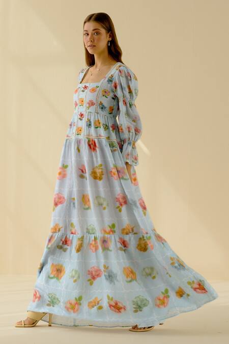 Buy Pozruh By Aiman Blue Hemp Floral Square Neck Print Tiered Maxi Dress Online at Aza Fashions Buy_Pozruh By Aiman_Blue Hemp Floral Square Neck Print Tiered Maxi Dress _Online_at_Aza_Fashions