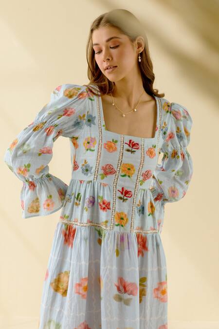 Shop Pozruh By Aiman Blue Hemp Floral Square Neck Print Tiered Maxi Dress Online at Aza Fashions Shop_Pozruh By Aiman_Blue Hemp Floral Square Neck Print Tiered Maxi Dress _Online_at_Aza_Fashions