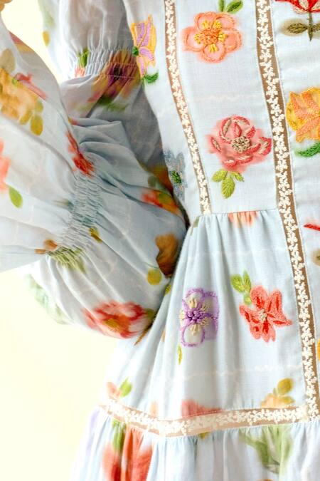 Pozruh By Aiman Blue Hemp Floral Square Neck Print Tiered Maxi Dress at Aza Fashions Pozruh By Aiman_Blue Hemp Floral Square Neck Print Tiered Maxi Dress _at_Aza_Fashions