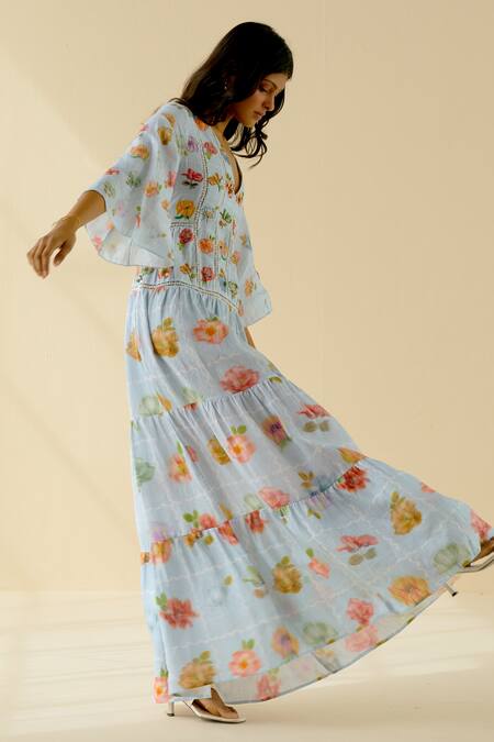 Pozruh By Aiman Blue Hemp Floral V Neck Print Tiered Maxi Dress Online at Aza Fashions Pozruh By Aiman_Blue Hemp Floral V Neck Print Tiered Maxi Dress_Online_at_Aza_Fashions