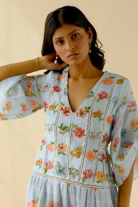 Shop Pozruh By Aiman Blue Hemp Floral V Neck Print Tiered Maxi Dress Online at Aza Fashions Shop_Pozruh By Aiman_Blue Hemp Floral V Neck Print Tiered Maxi Dress_Online_at_Aza_Fashions