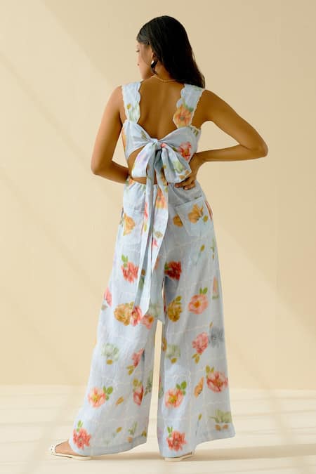 Shop_Pozruh By Aiman_Blue Hemp Floral Scallop Neck Kelly Tie-back Jumpsuit _at_Aza_Fashions