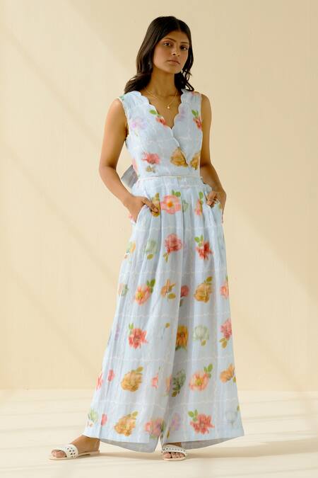 Pozruh By Aiman_Blue Hemp Floral Scallop Neck Kelly Tie-back Jumpsuit _Online_at_Aza_Fashions