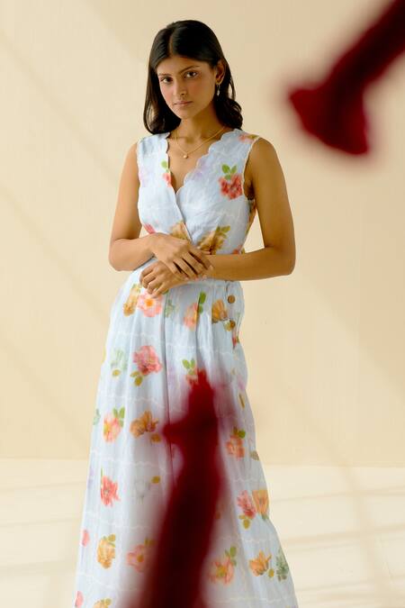 Buy_Pozruh By Aiman_Blue Hemp Floral Scallop Neck Kelly Tie-back Jumpsuit _Online_at_Aza_Fashions