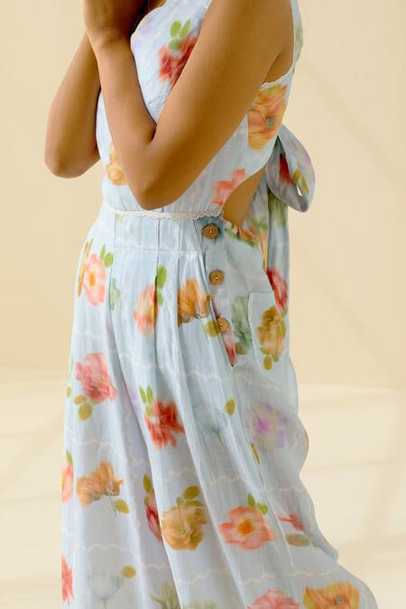 Pozruh By Aiman_Blue Hemp Floral Scallop Neck Kelly Tie-back Jumpsuit _at_Aza_Fashions
