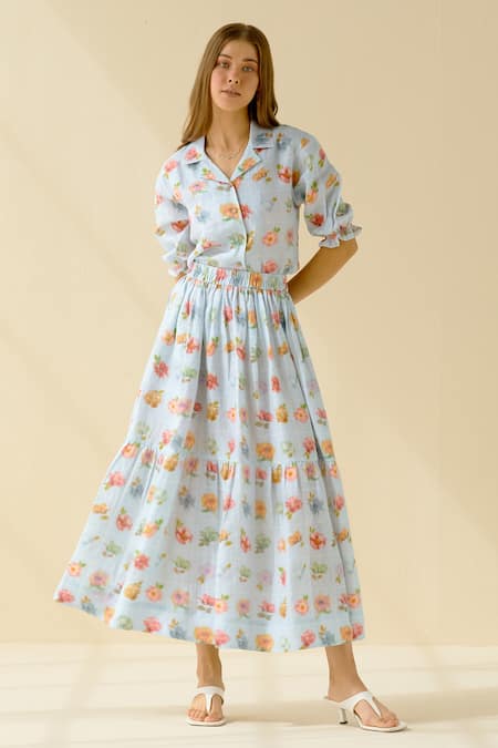 Pozruh By Aiman Blue Hemp Floral Print Iris Skirt 