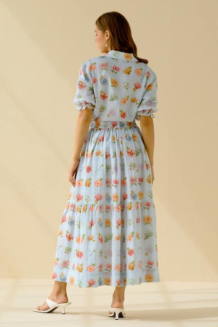Shop Pozruh By Aiman Blue Hemp Floral Print Iris Skirt at Aza Fashions Shop_Pozruh By Aiman_Blue Hemp Floral Print Iris Skirt _at_Aza_Fashions
