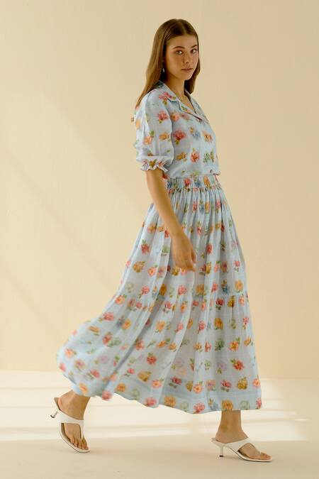 Pozruh By Aiman Blue Hemp Floral Print Iris Skirt Online at Aza Fashions Pozruh By Aiman_Blue Hemp Floral Print Iris Skirt _Online_at_Aza_Fashions
