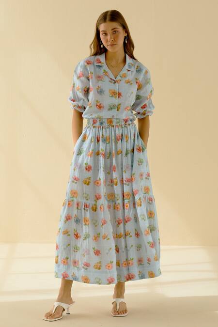 Buy Pozruh By Aiman Blue Hemp Floral Print Iris Skirt Online at Aza Fashions Buy_Pozruh By Aiman_Blue Hemp Floral Print Iris Skirt _Online_at_Aza_Fashions