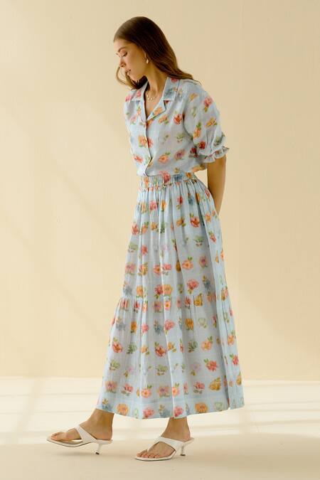Shop Pozruh By Aiman Blue Hemp Floral Print Iris Skirt Online at Aza Fashions Shop_Pozruh By Aiman_Blue Hemp Floral Print Iris Skirt _Online_at_Aza_Fashions