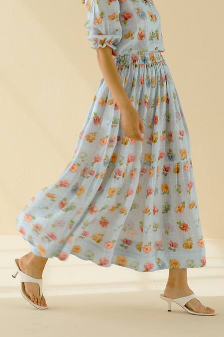 Pozruh By Aiman Blue Hemp Floral Print Iris Skirt at Aza Fashions Pozruh By Aiman_Blue Hemp Floral Print Iris Skirt _at_Aza_Fashions