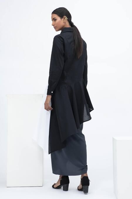 Shop_Aakaar_Black Cotton Spread Collar Color Block Tunic_at_Aza_Fashions