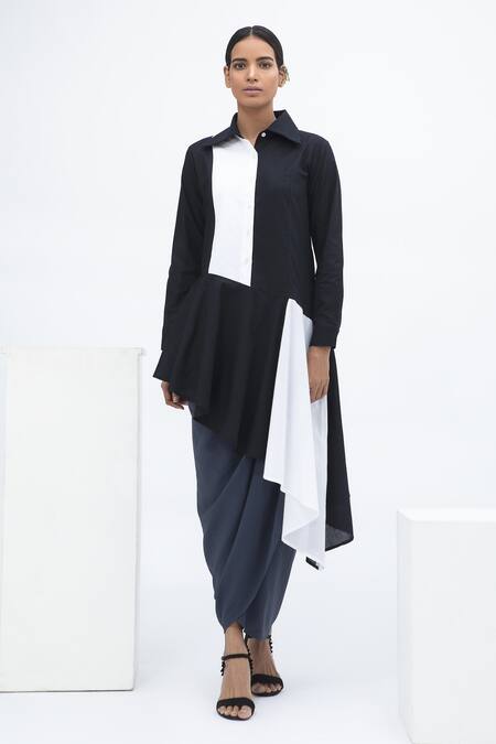 Aakaar_Black Cotton Spread Collar Color Block Tunic_Online_at_Aza_Fashions