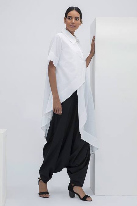Aakaar_White Cotton Overlap Draped Tunic For Kids_Online_at_Aza_Fashions