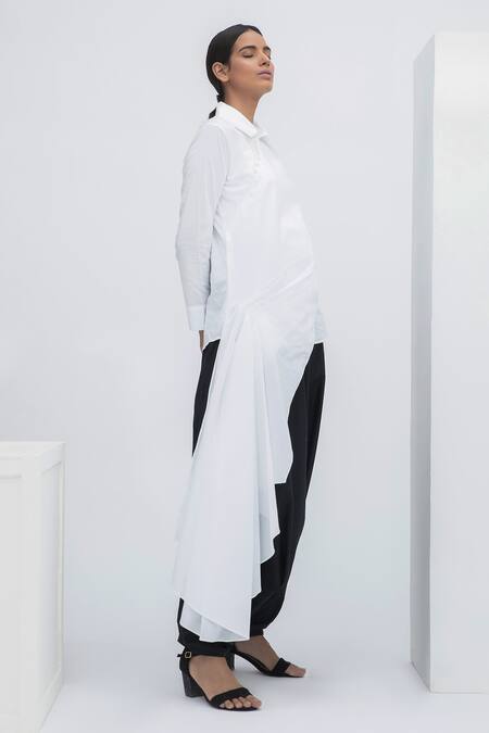 Aakaar_White Cotton Spread Collar Waterfall Hem Tunic_Online_at_Aza_Fashions