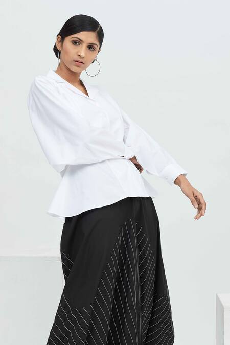 Aakaar White Cotton Collared Neck Button Front Shirt Online at Aza Fashions Aakaar_White Cotton Collared Neck Button Front Shirt_Online_at_Aza_Fashions
