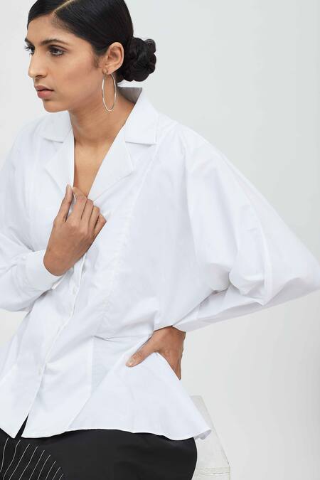 Shop Aakaar White Cotton Collared Neck Button Front Shirt Online at Aza Fashions Shop_Aakaar_White Cotton Collared Neck Button Front Shirt_Online_at_Aza_Fashions