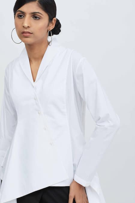 Shop_Aakaar_White Cotton Collared Neck Overlap Style Shirt_Online_at_Aza_Fashions