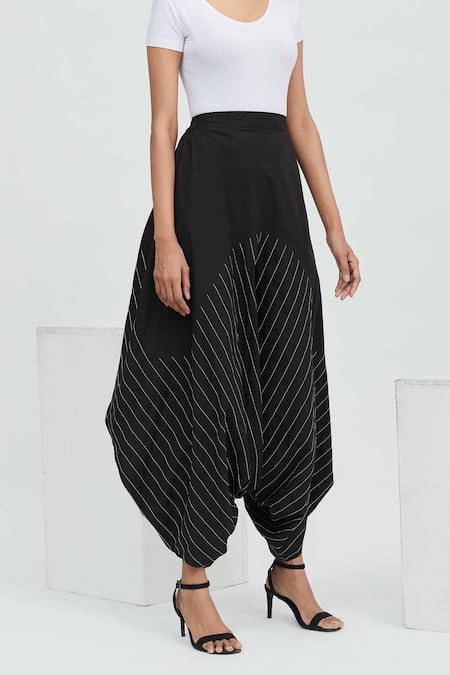 Aakaar_Black Cotton Embroidery Thread Work Textured Zouave Pant_Online_at_Aza_Fashions