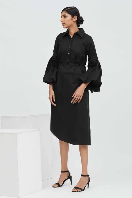 Buy_Aakaar_Black Cotton Spread Collar Midi Dress _Online_at_Aza_Fashions