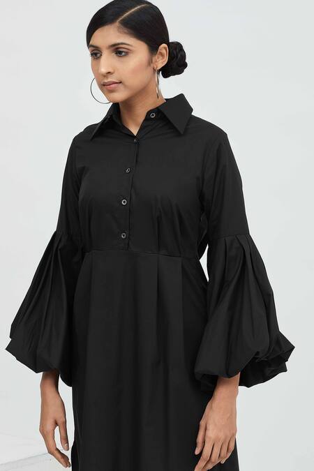 Shop_Aakaar_Black Cotton Spread Collar Midi Dress _Online_at_Aza_Fashions